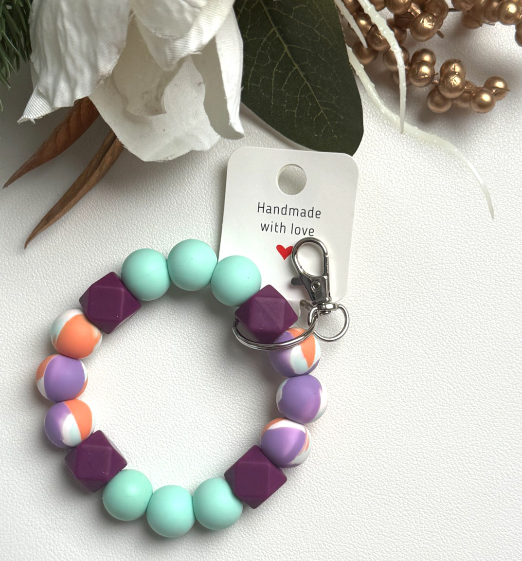 Silicone Beaded Keychain Wristlet Bracelet Purple Matcha