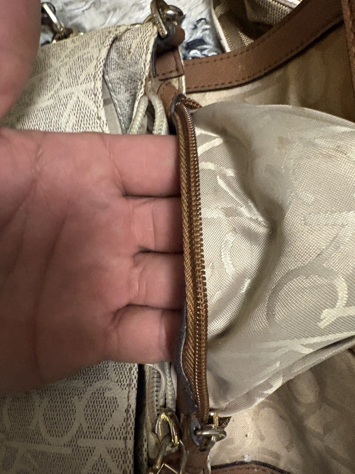 Calvin Klein Beige Monogram Logo Small Crossbody Bag Brown Strap Gold Hardware