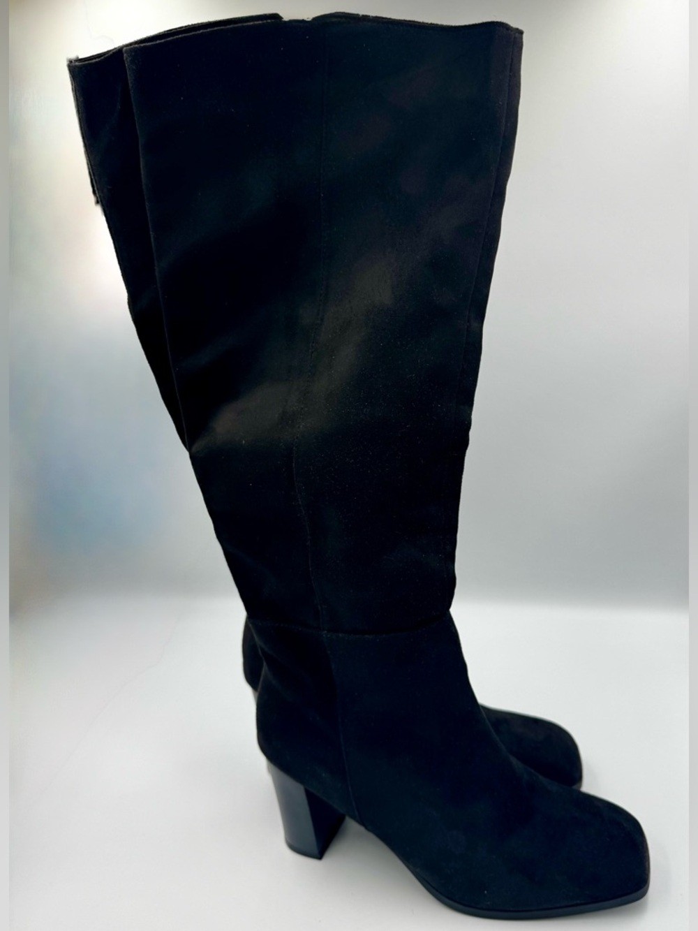 ZBY Black Faux Suede Knee High Boots | Chunky Block Heel Square Toe Size 8.5