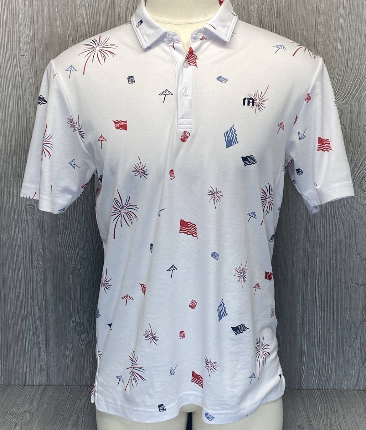 Travis Mathew Patriotic Golf Polo Shirt White Fireworks Flag Print Beer Size L