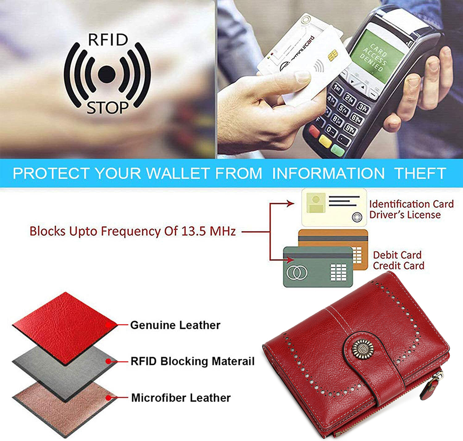 Womens Hasp Wallet Credit Card Holder Leather RFID Blocking Zipper Pocket Purse