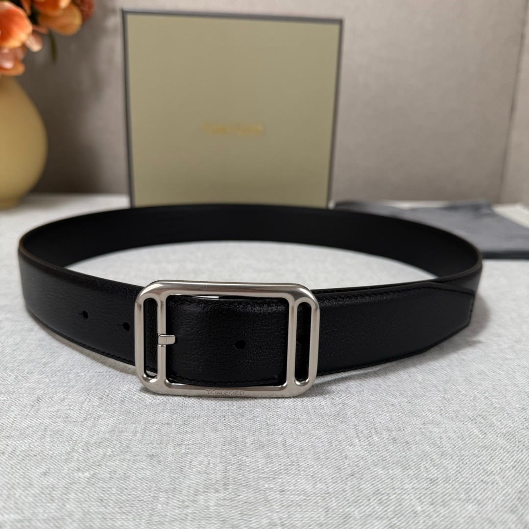 Tom Ford Mens Black Leather Silvery Metal Buckle Belt 3.5cm
