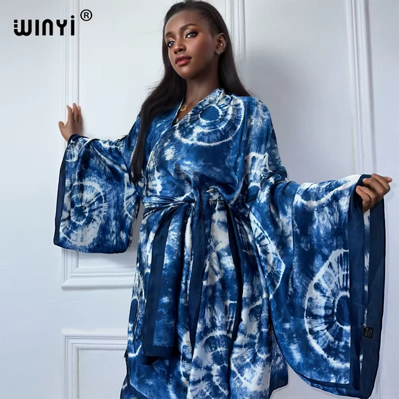 Printed Kimono with Belt African Boho Dress Beach Wear Holiday Silky Robe Beach