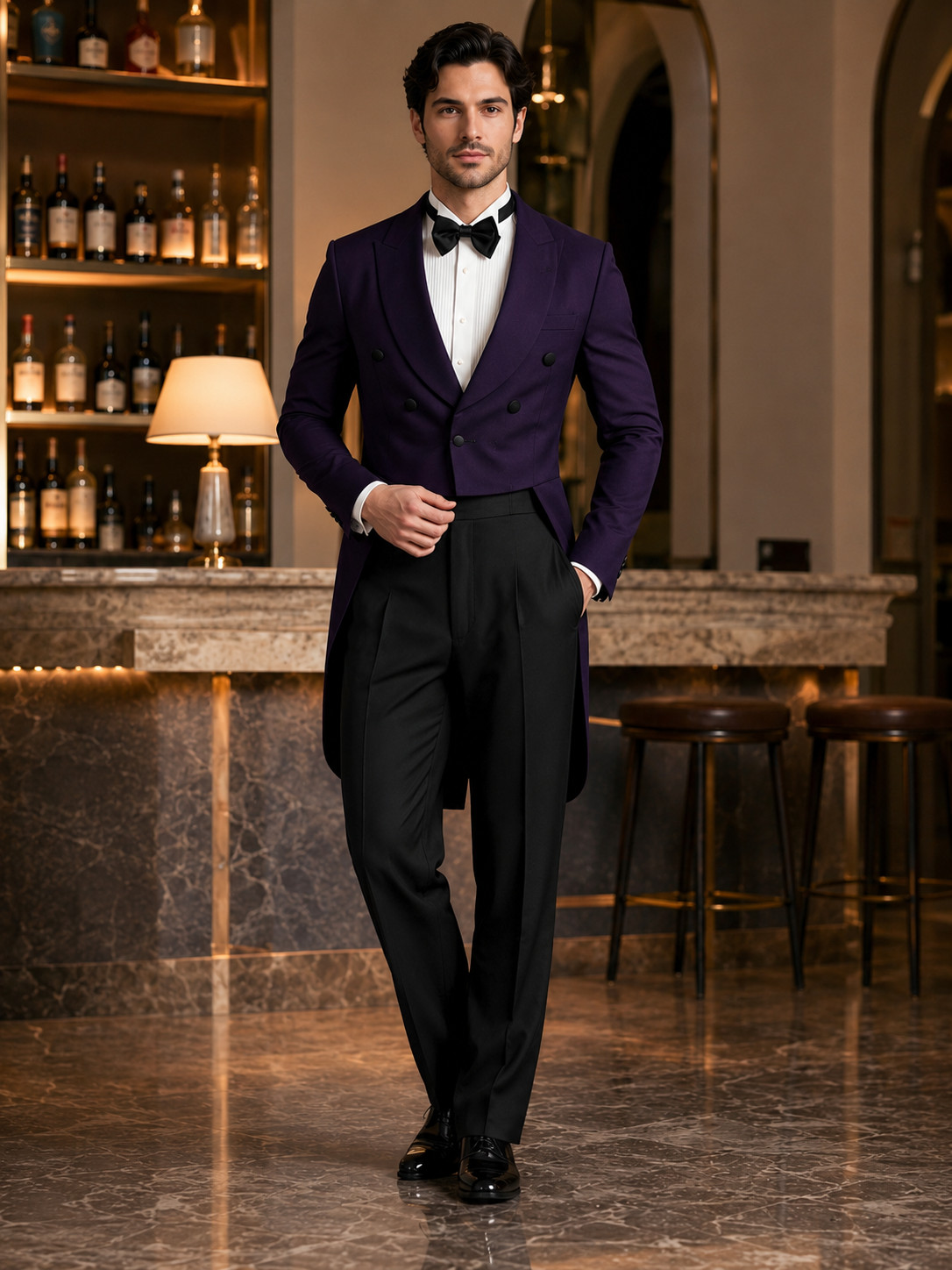 Men Purple Tailcoat Tuxedo Suit Double Breasted Jacket Pants Formal Prom