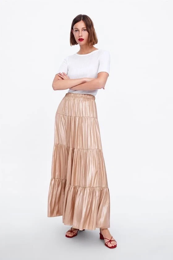 Zara Ruffled/Tiered Maxi Skirt Satin Gold Mink 2935/787 M Boho Flowy Frilly