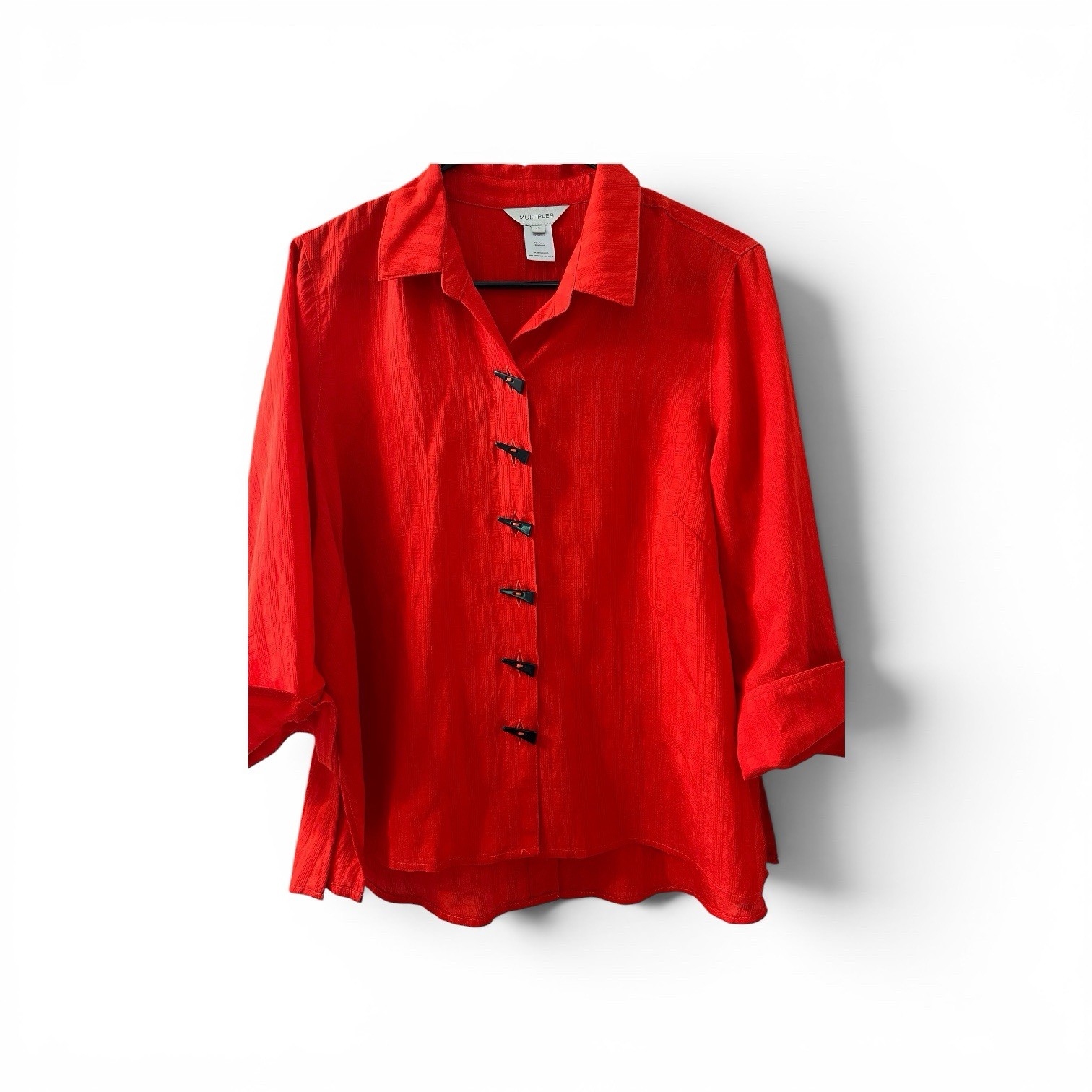 Multiples Red Woven Rayon Nylon Solid Collared Button Front 3/4 Blouse PL