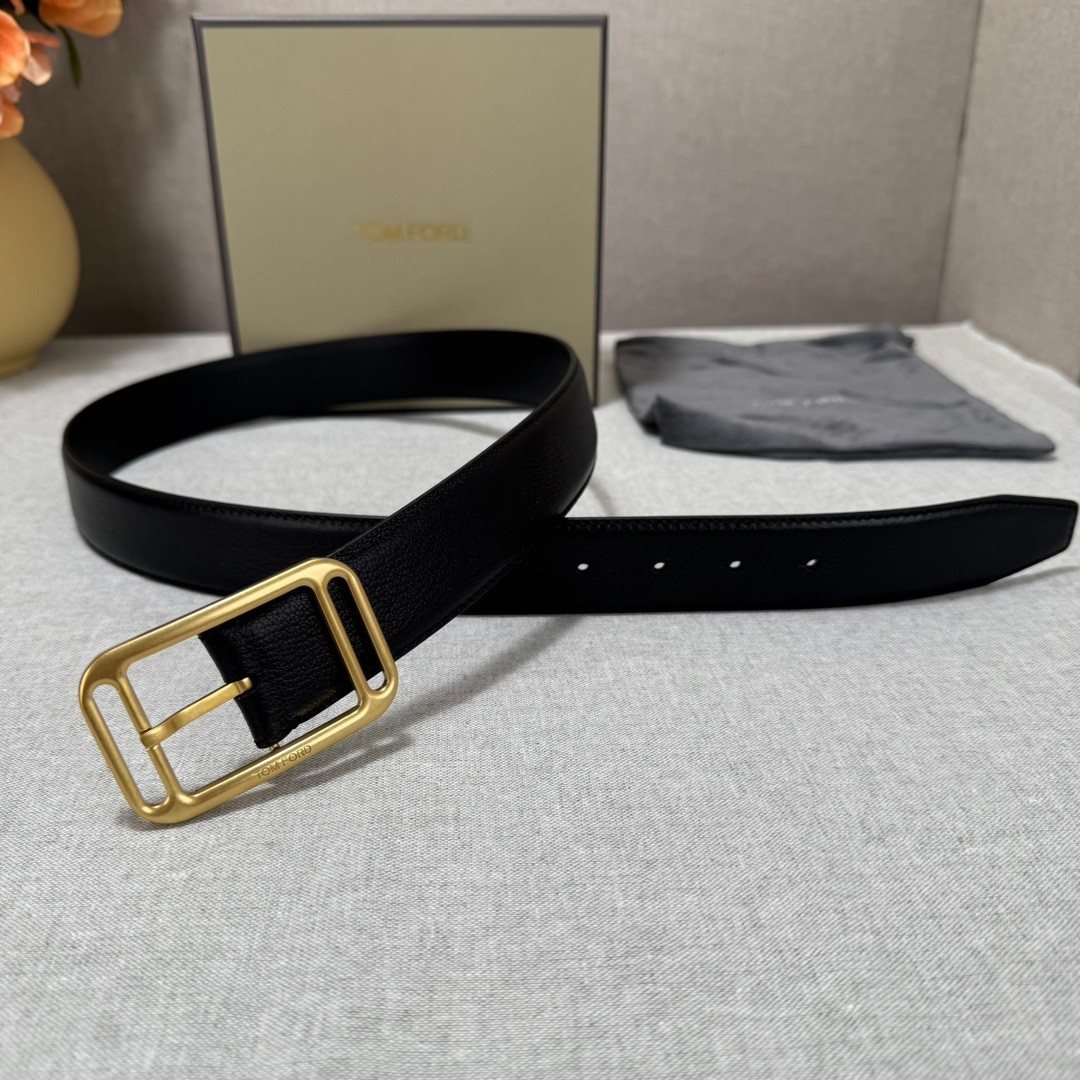 Tom Ford Mens Black Leather Gold Metal Buckle Belt Width 3.5cm