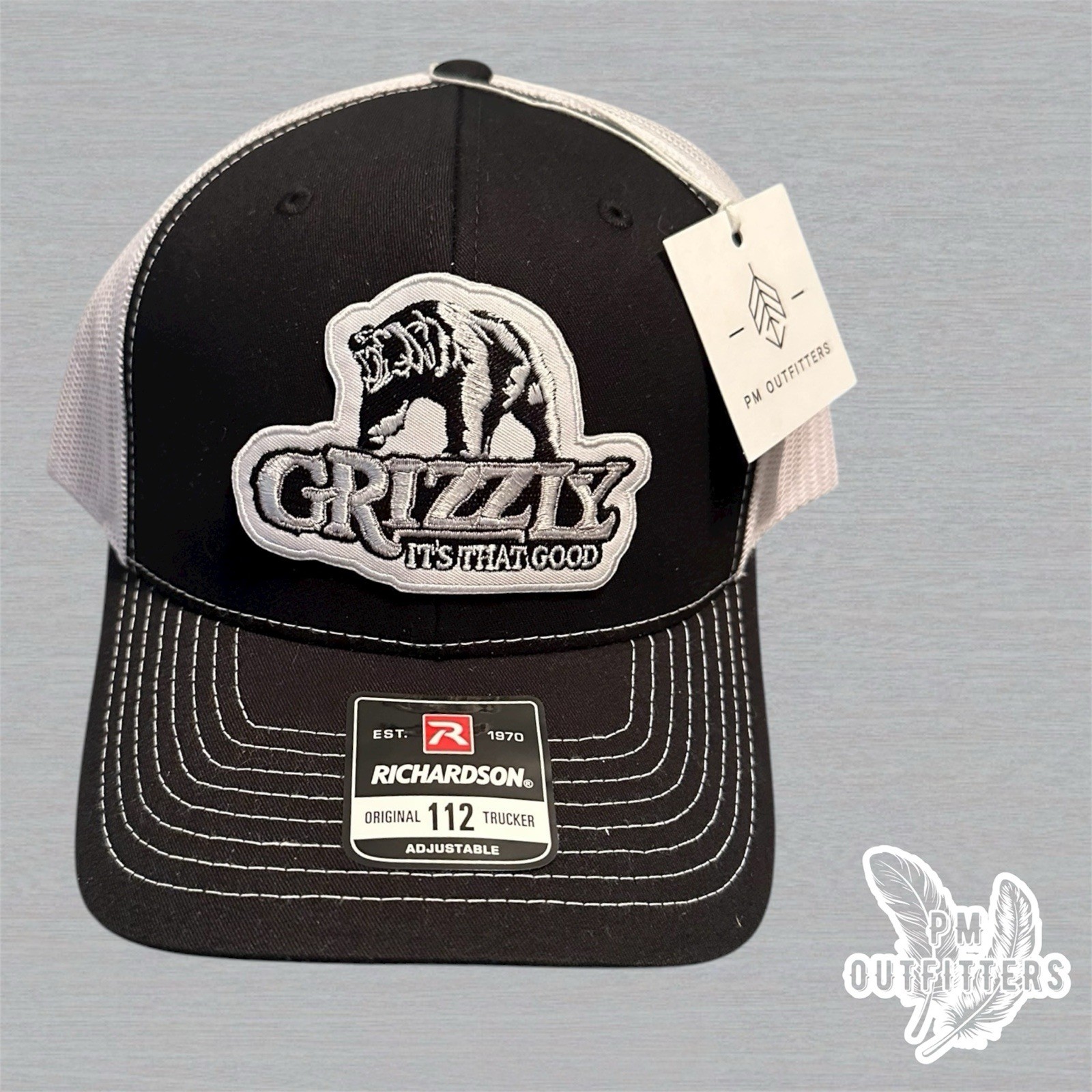 Retro Grizzly Tobacco Patch Richardson 112 Trucker Hat Black/White Snapback
