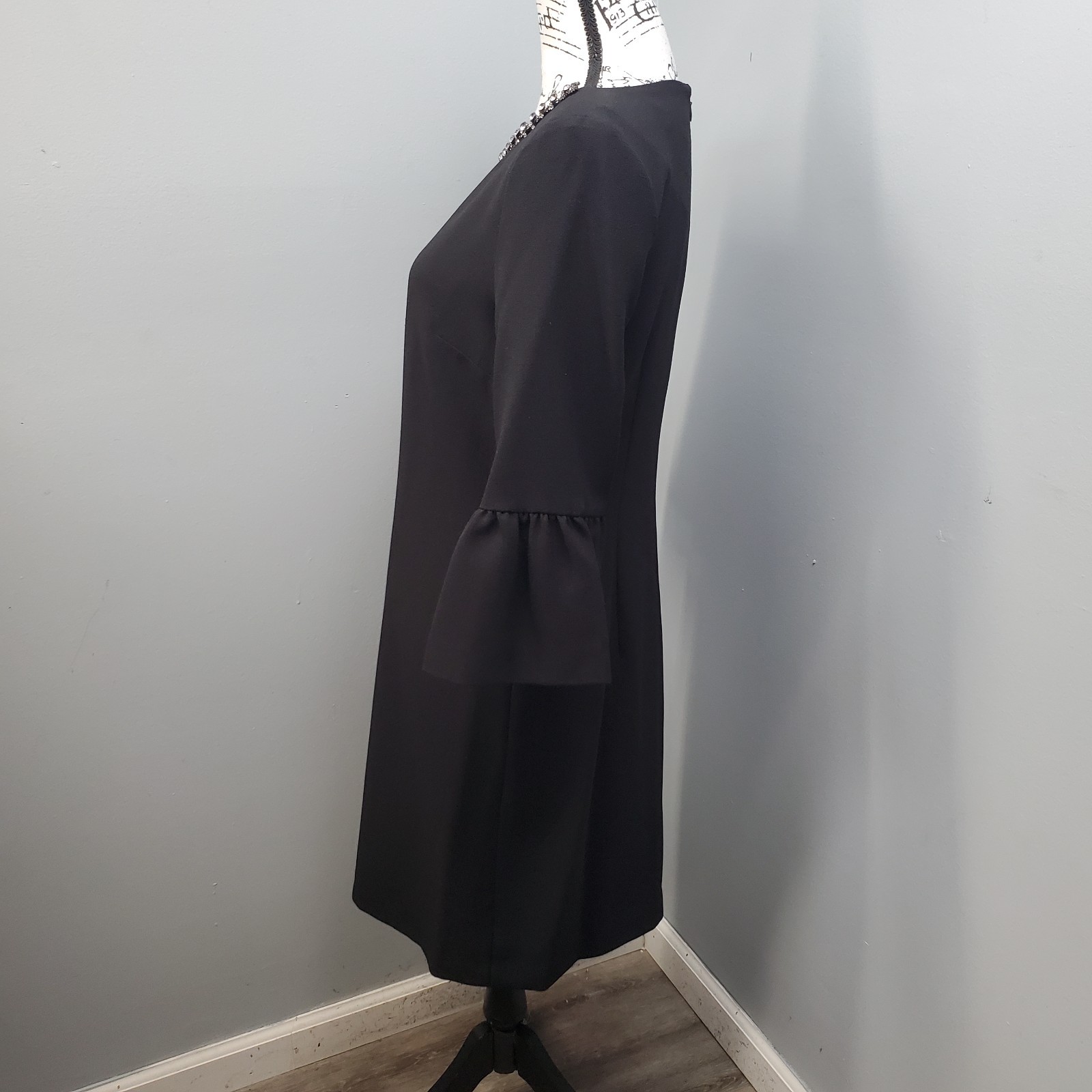 Karl Lagerfeld Paris Sheath Dress Women 8 Black Beaded Neck Bell-Sleeve Back Zip