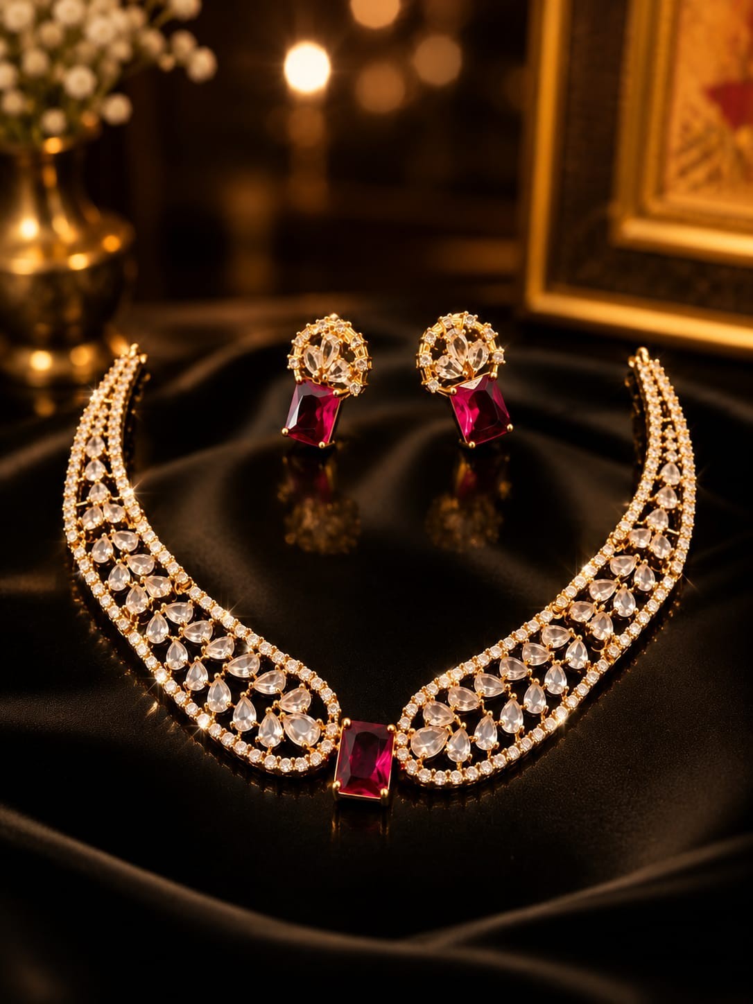 Luxury Ruby Pink Crystal Necklace Set with Earrings Gold Plated Bridal Jewelry