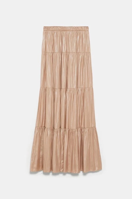 Zara Ruffled/Tiered Maxi Skirt Satin Gold Mink 2935/787 M Boho Flowy Frilly