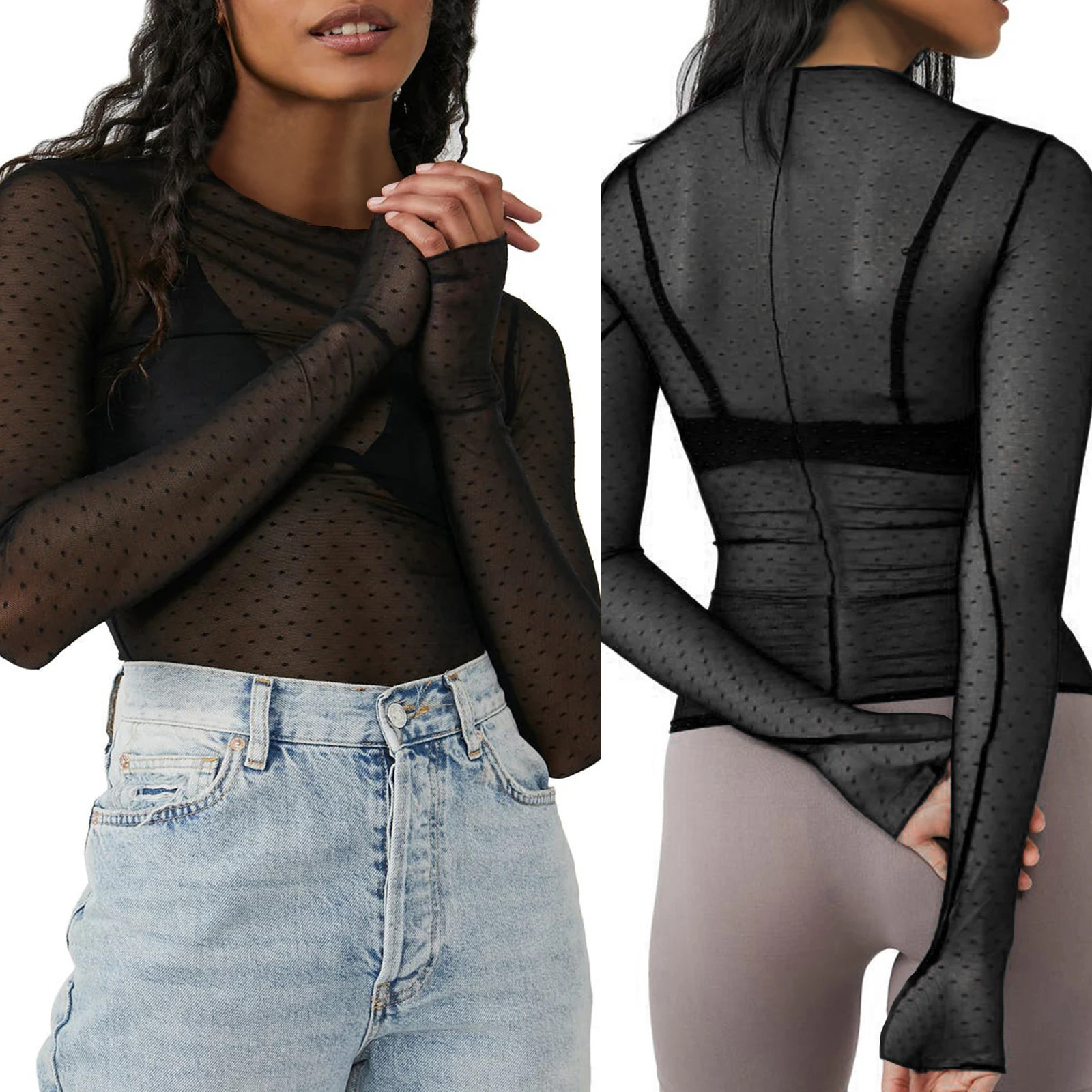 Women Long Sleeve T-shirt Casual Crew Neck Dots See-through Slim Fit Sheer Tops
