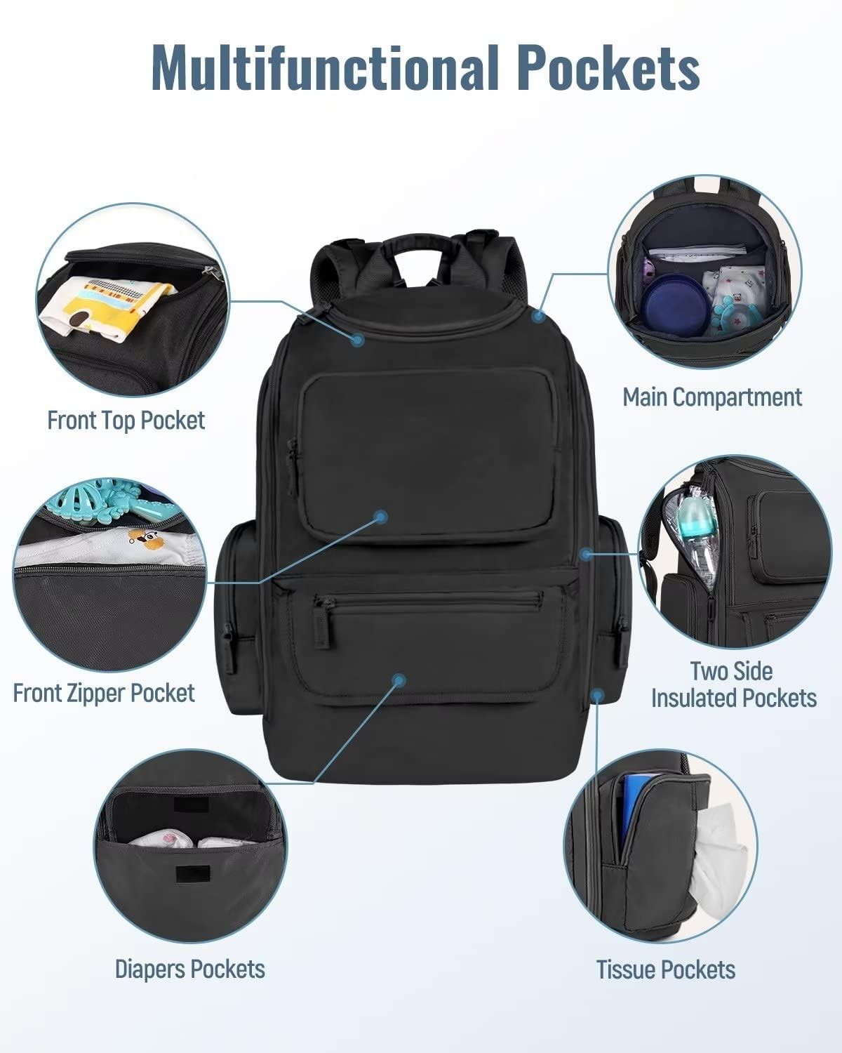 Mancro Diaper Bag Backpack, Multifunctional Dad with Large, Black