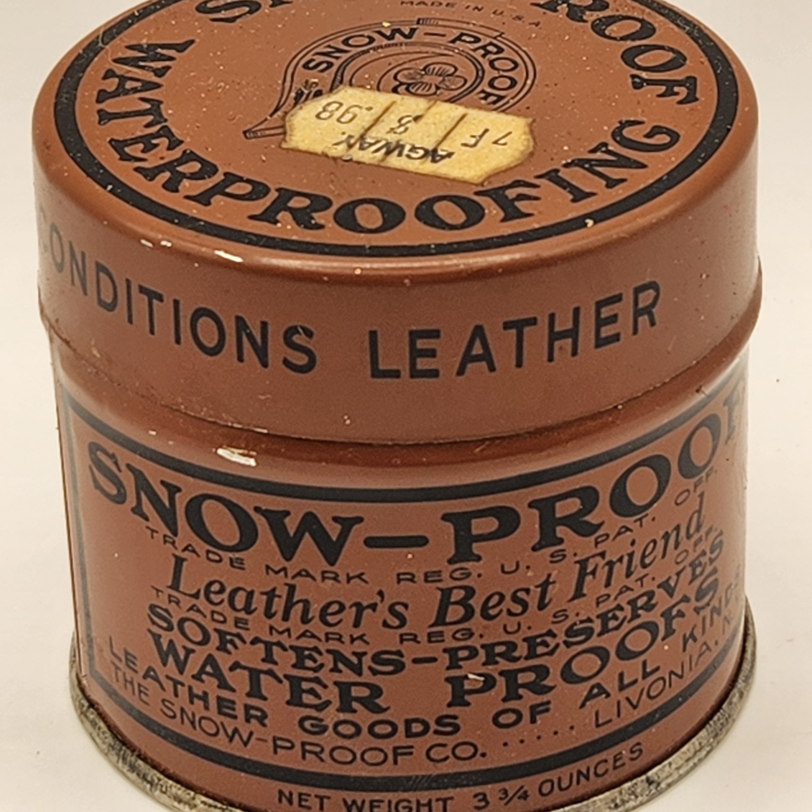 Vintage Snow-Proof Leather Conditioner Water Proofs 3 & 3/4 Oz. Tin Can Partial