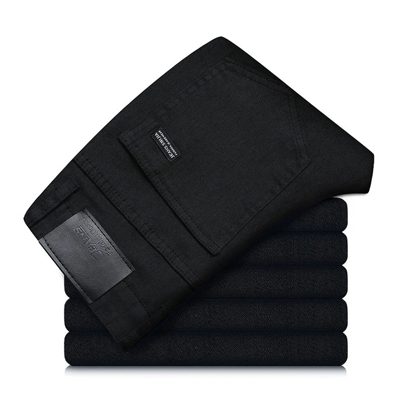 Men’s Black Straight Leg Jeans Casual Stretch Mid Waist Classic Cotton Pants