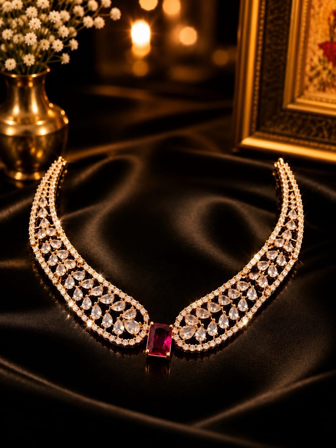 Luxury Ruby Pink Crystal Necklace Set with Earrings Gold Plated Bridal Jewelry