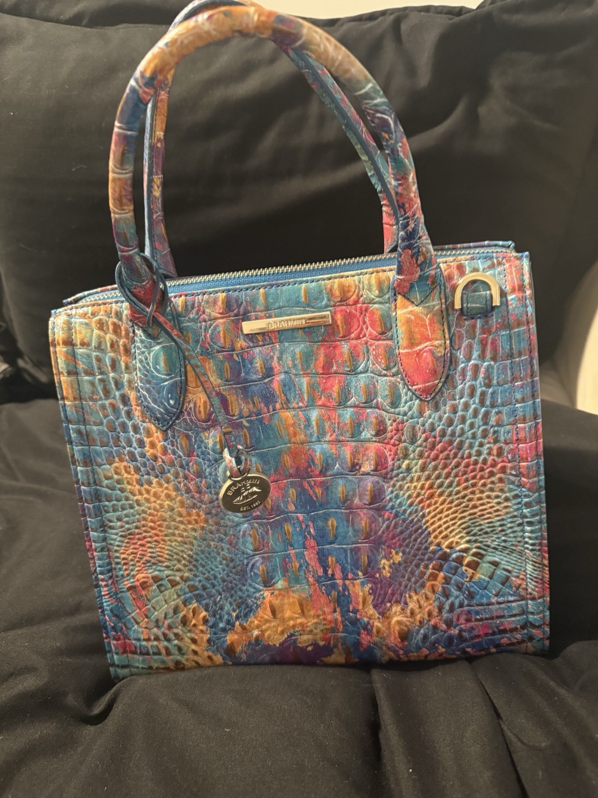 Brahmin Melbourne Multicolor Croc Embossed Zip Satchel Medium Gold Hardware