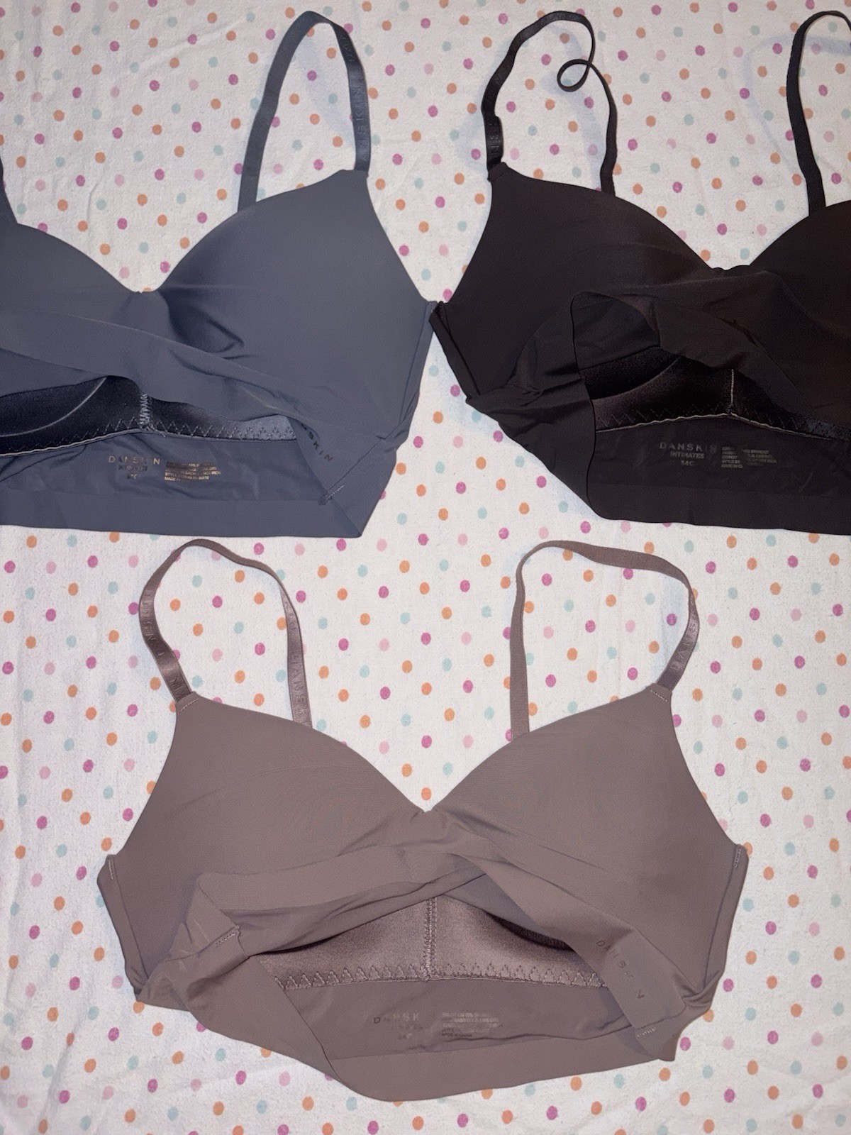 Danskin Intimates Seamless Wireless Bralette Set of 3 Blue Brown Taupe 34C