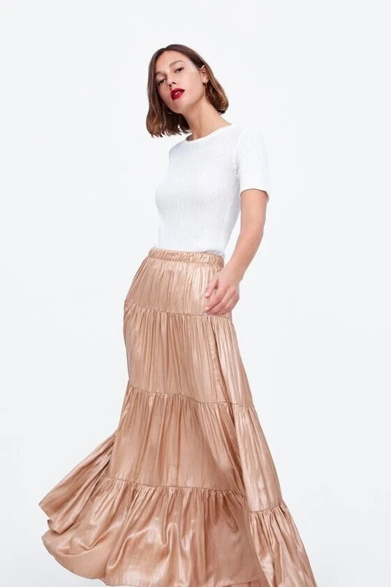 Zara Ruffled/Tiered Maxi Skirt Satin Gold Mink 2935/787 M Boho Flowy Frilly
