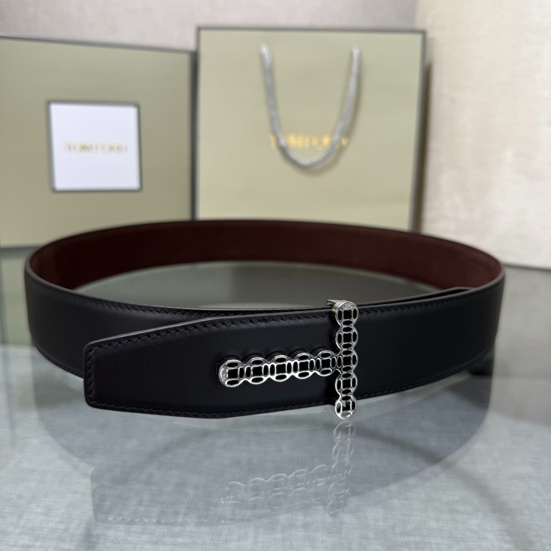 Authentic Tom Ford Men’s Reversible Calfskin Leather Black/Brown Belt T-Buckle