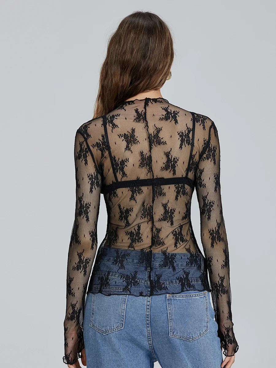 Women’s Floral Lace Sheer Mesh Mock Neck Long Sleeve Top Y2K