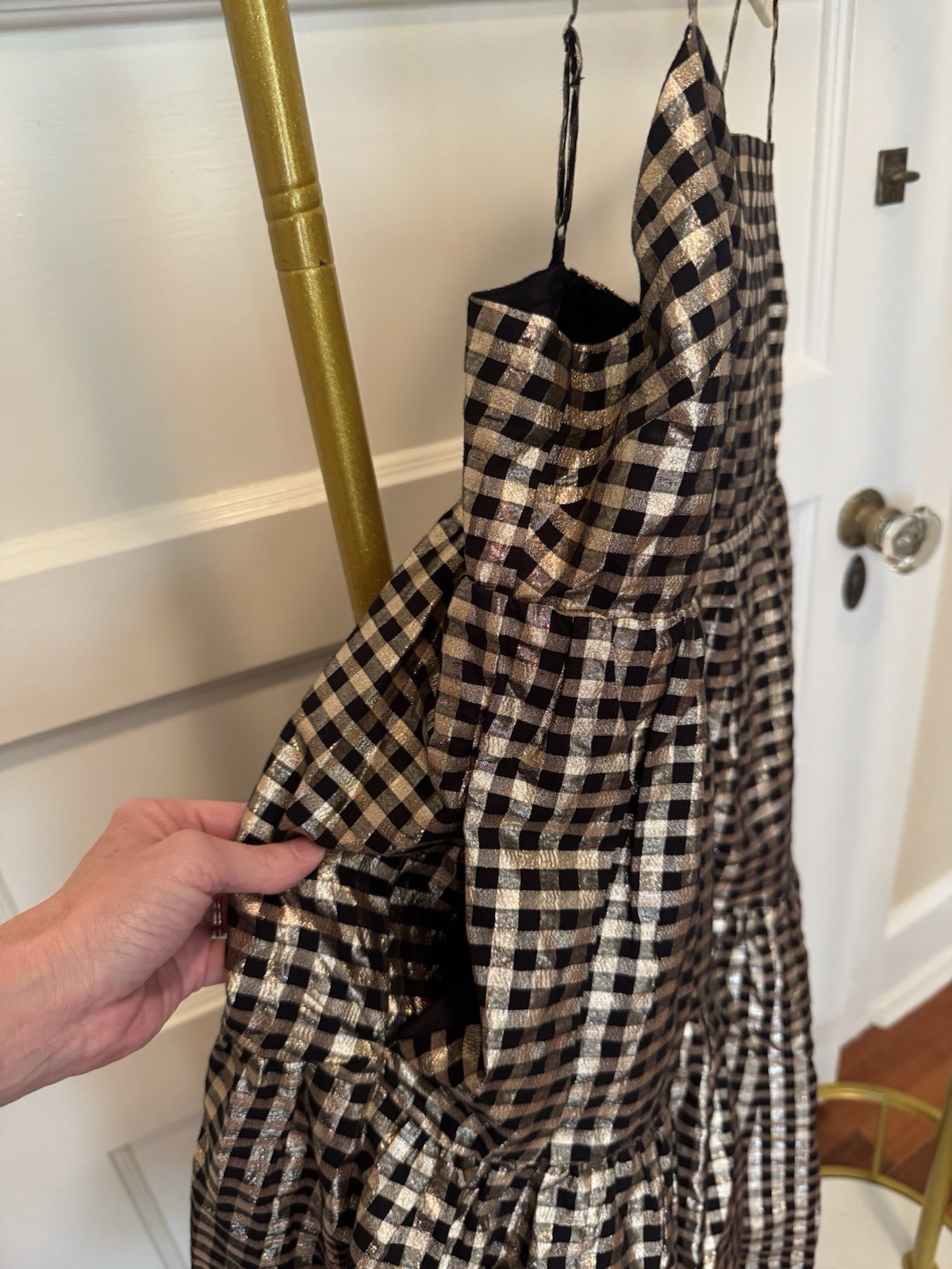 J. Crew Black/Gold Metallic Gingham Tiered Dress, Size 4.
