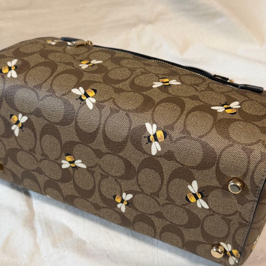 COACH Signature Bee Motif Boston Handbag 8.5 inches Brown/Black PVC Canvas