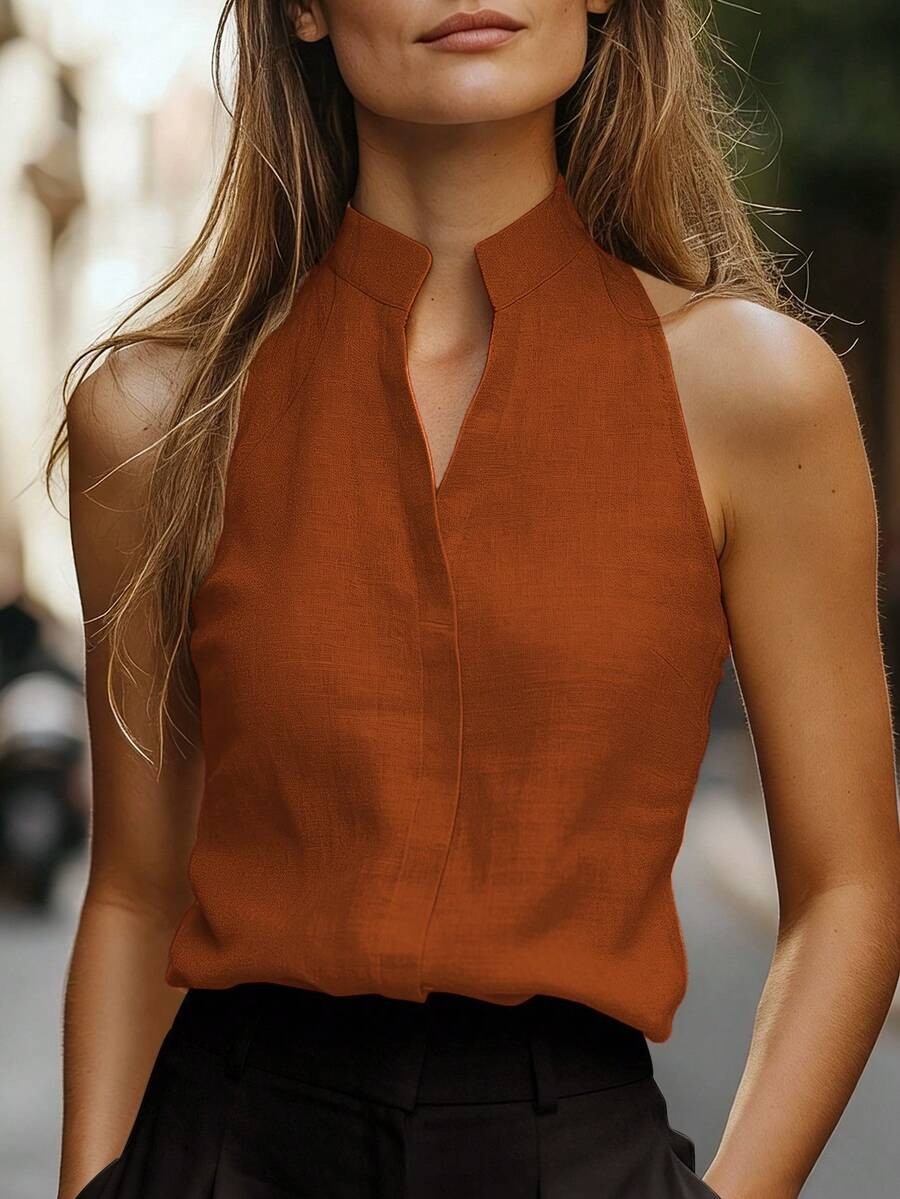 Notched Neck Tank Top Button Casual Sleeveless Linen Look Blouse Shirt New