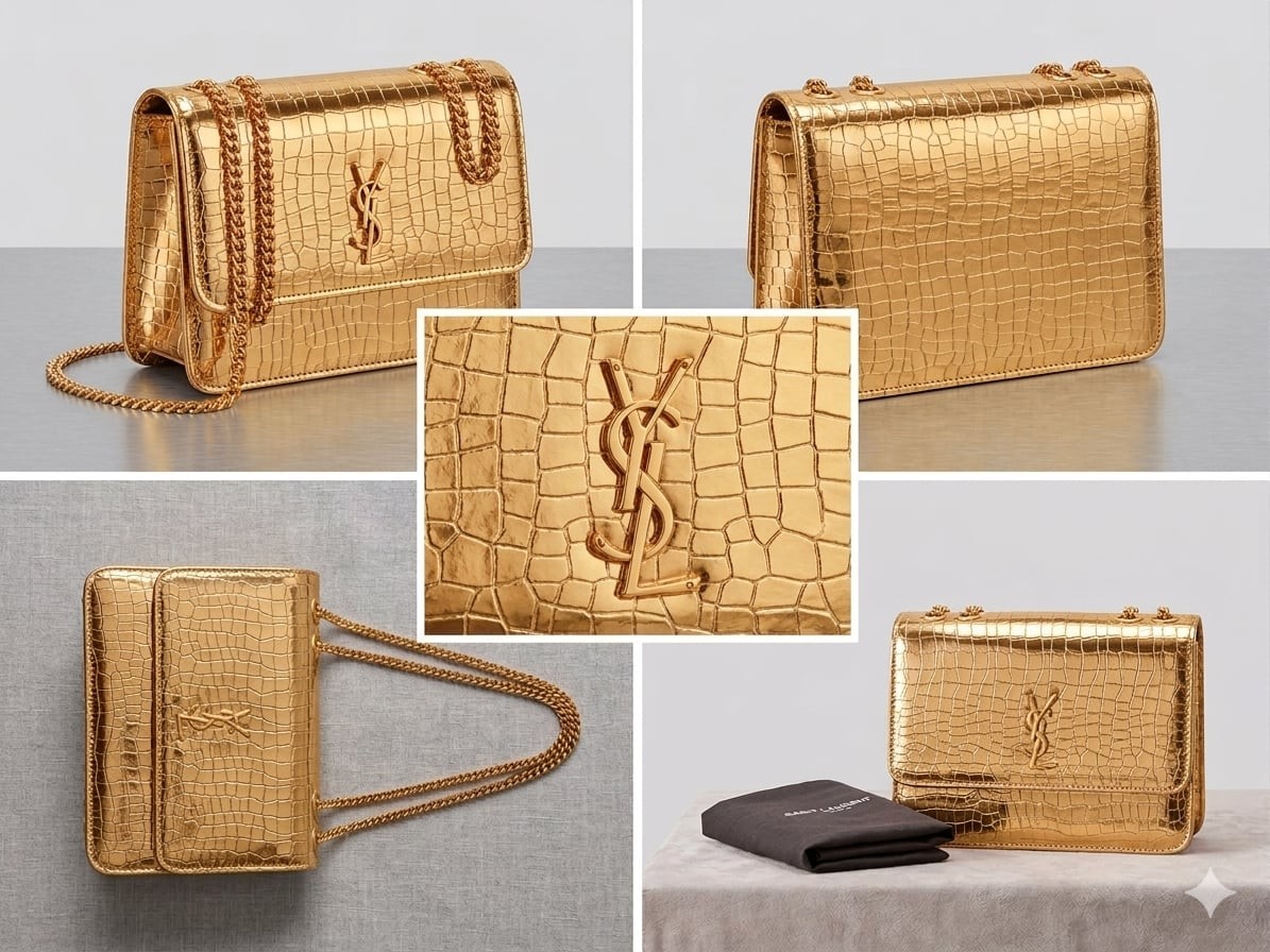 Saint Laurent YSL Sunset Medium Chain Bag in Gold Croc-Embossed Leather