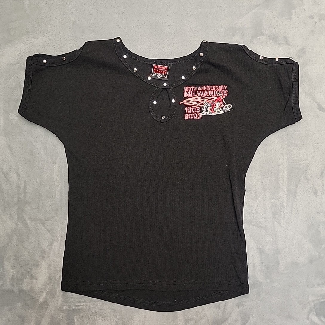 Vintage Biker Shirt Women Medium Black Milwaukee 1903-2003 Studded Keyhole Y2K