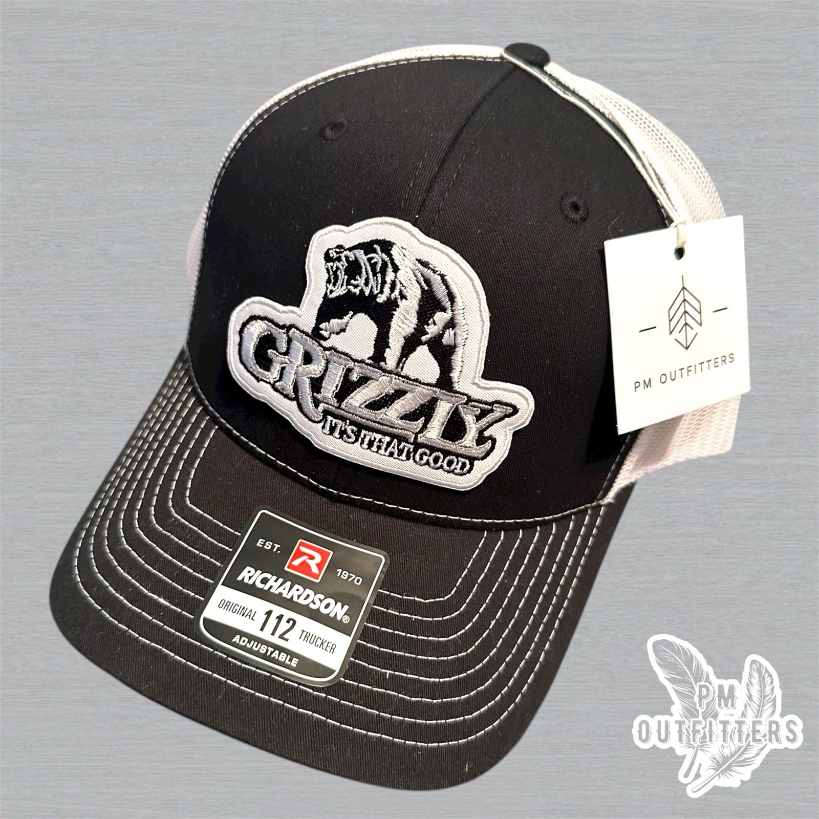 Retro Grizzly Tobacco Patch Richardson 112 Trucker Hat Black/White Snapback