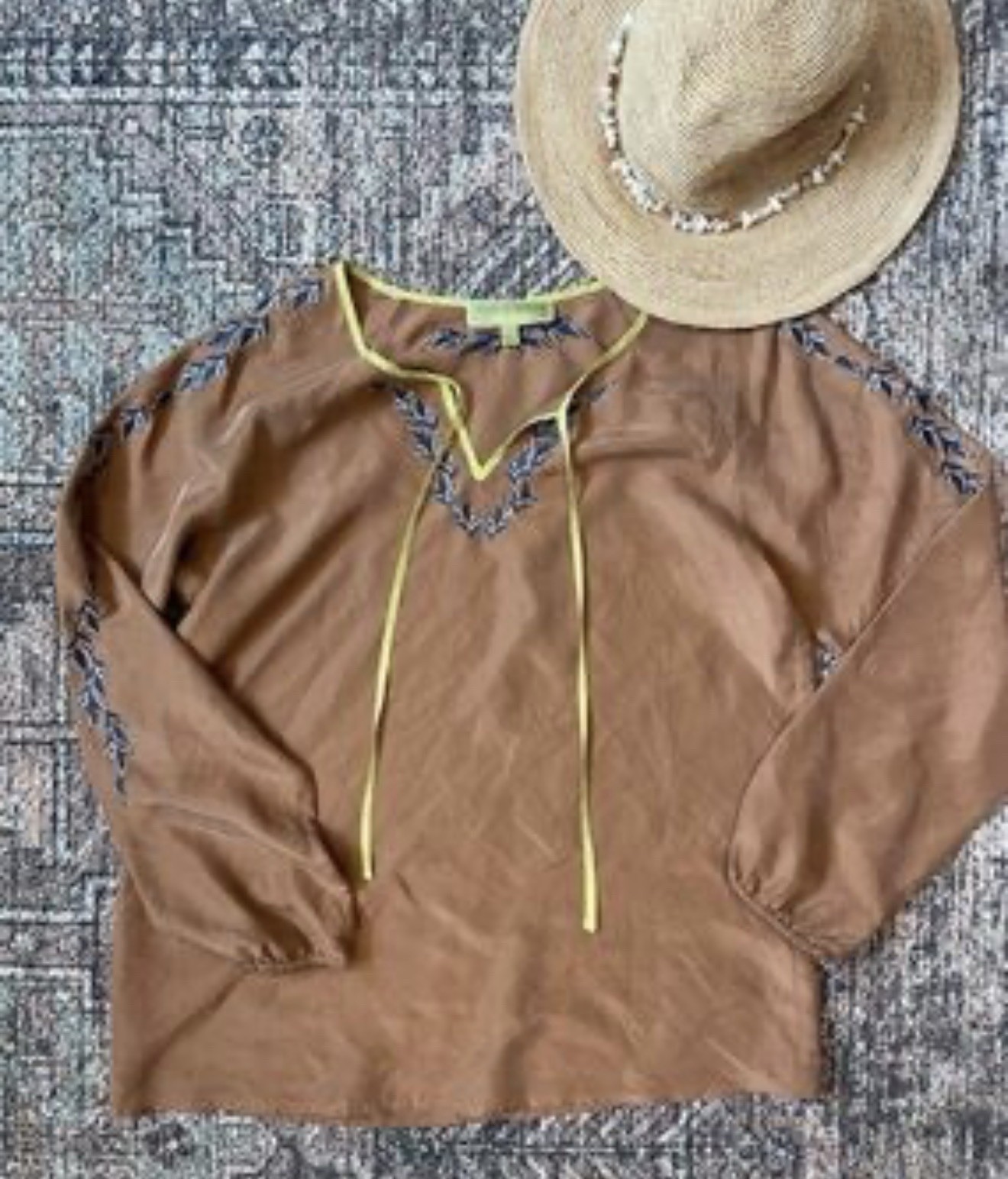 Ingrid Olsen Signature Brown Silk Satin V-Neck Tie Blouse Long Sleeve L