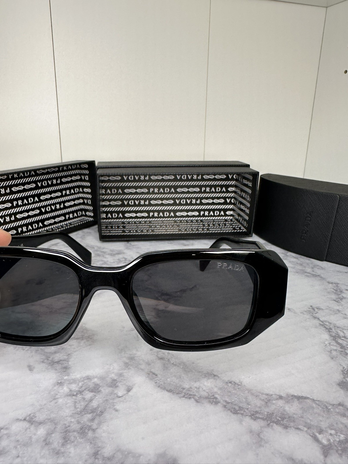 PRADA SPR 17W-F Rectangle Sunglasses Black Frame Gray Tinted Lens