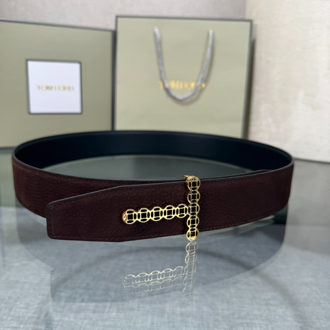 Authentic Tom Ford Men’s Reversible Calfskin Leather Black/Brown Belt T-Buckle