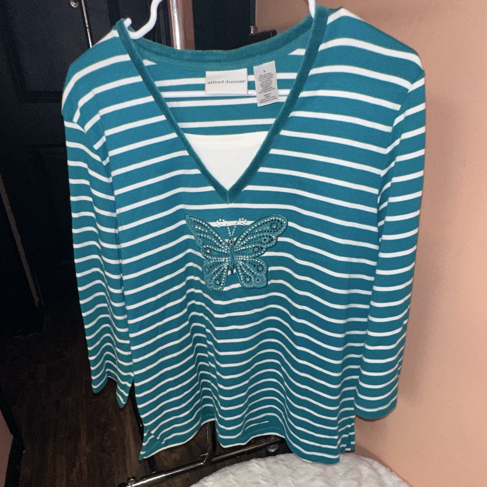 Alfred Dunner Women’s L Teal/White Striped V-Neck Tunic Rhinestone Butterfly