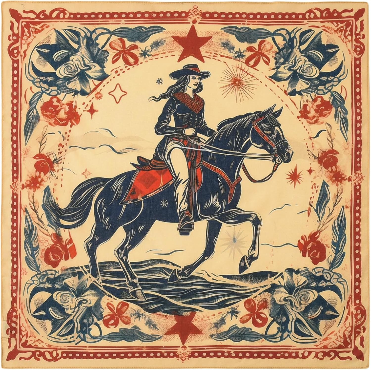 22″x22″ Vintage Cowgirl 100% Cotton Bandana Multi-Purpose Bright Star