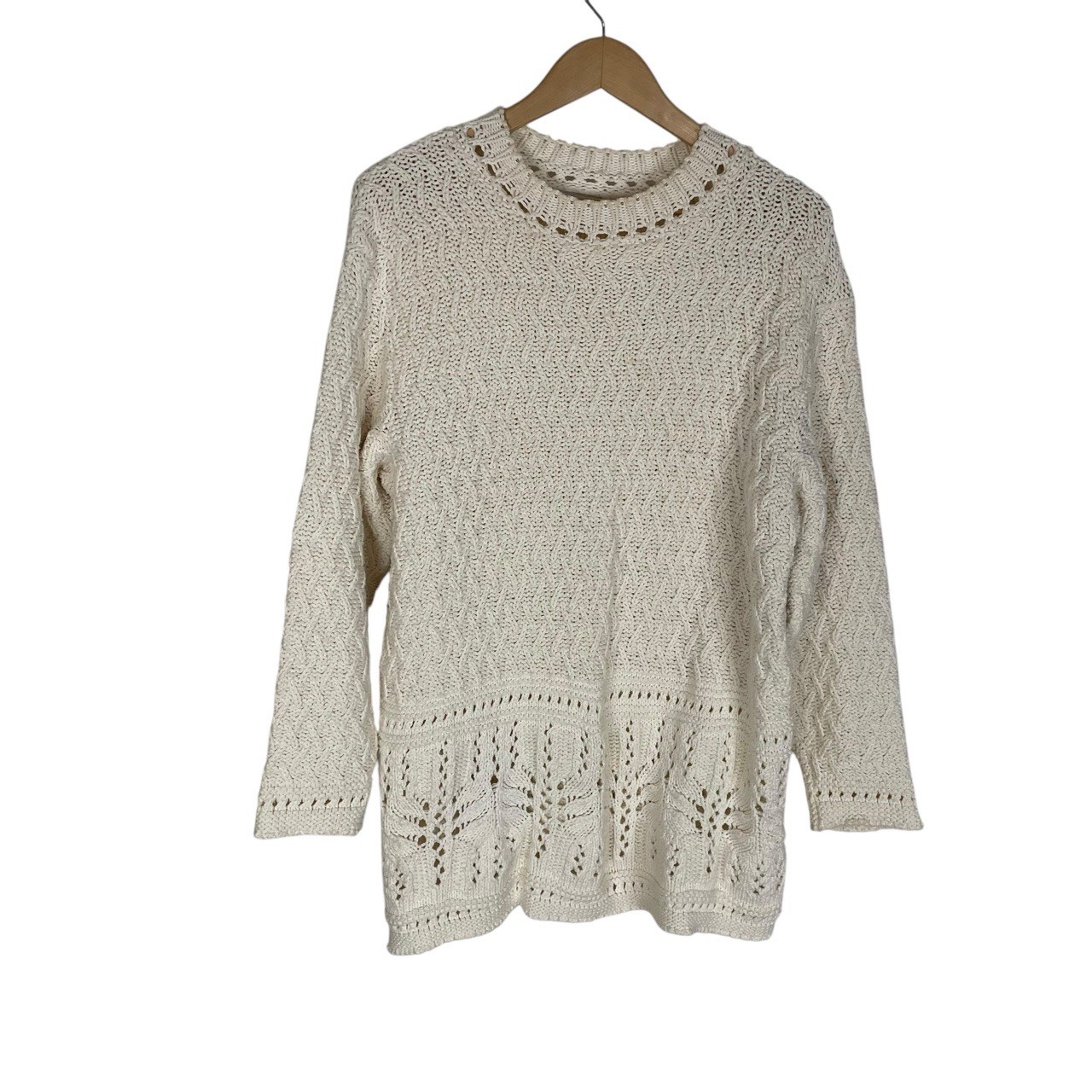 Coldwater Creek Cream Fisherman Knit Sweater Cotton Blend Crew Neck Large