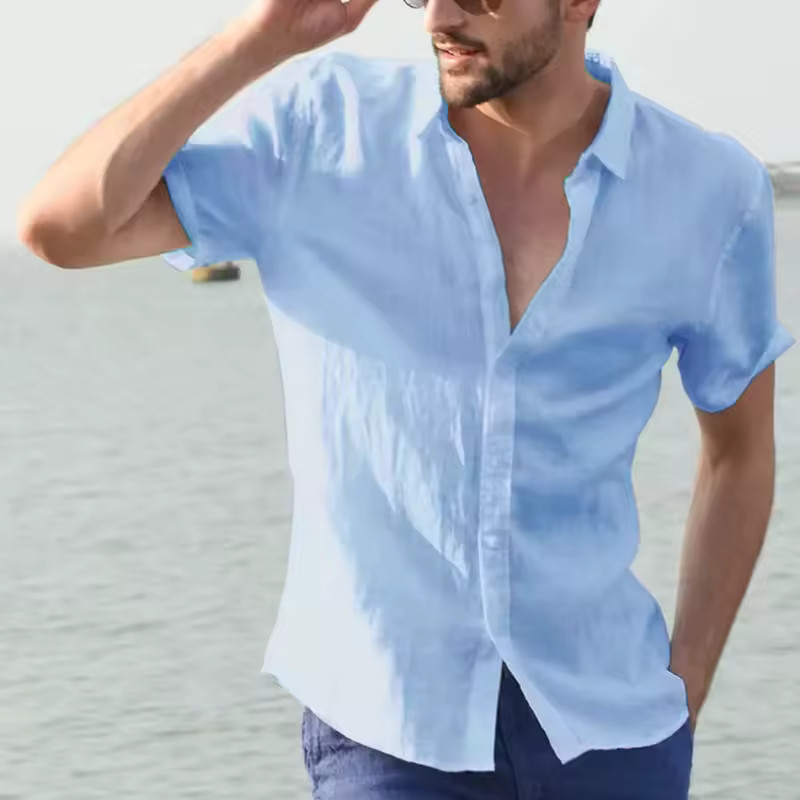 Men’s Summer Cotton Linen Short Sleeve Shirt Casual Solid Button-Down M-3XL