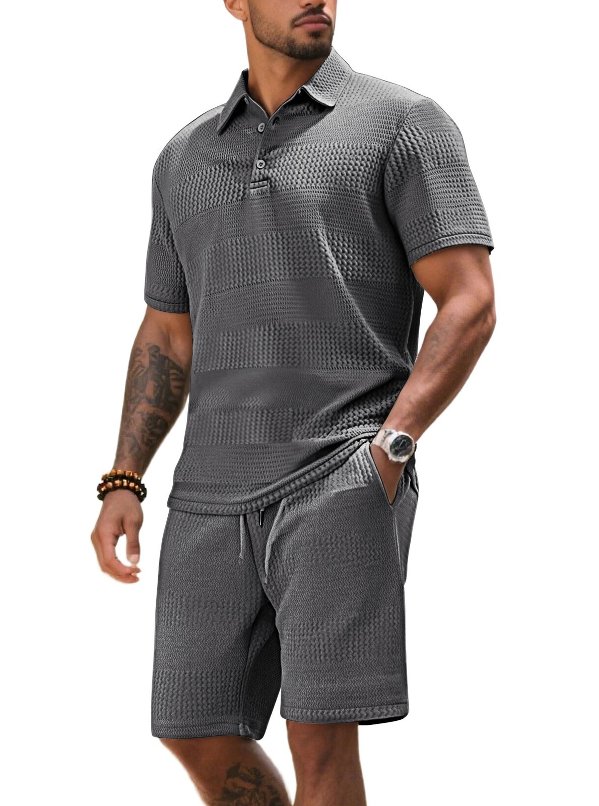 Men Waffle Knit Shorts Set Casual Summer 2 Piece Tracksuit Matching
