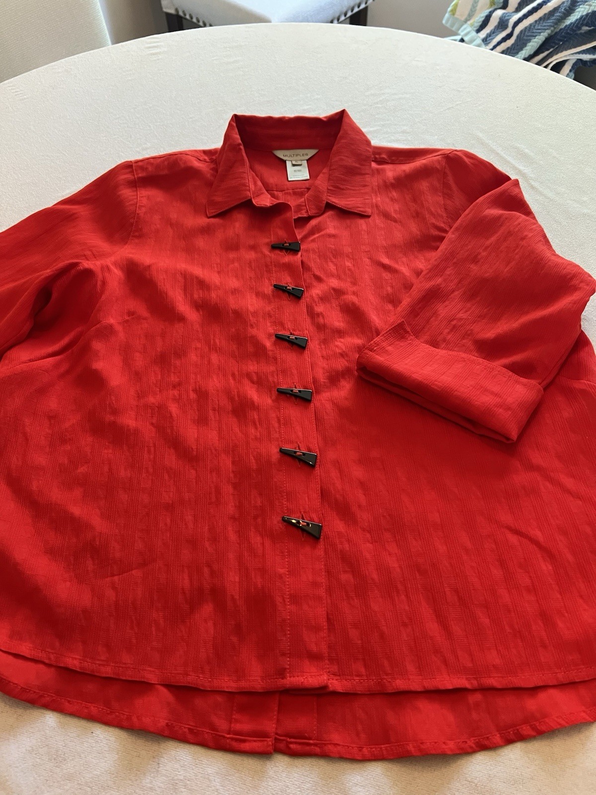 Multiples Red Woven Rayon Nylon Solid Collared Button Front 3/4 Blouse PL