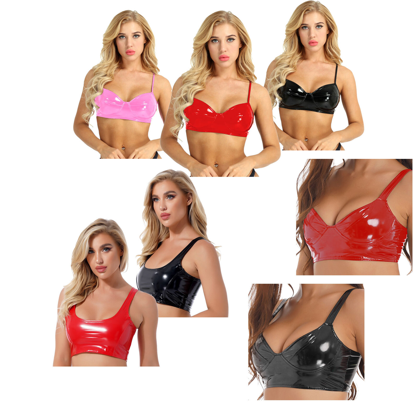 US Woman’s Wet Look PVC Push Up Bra Top Patent Leather Bustier Bralette Clubwear