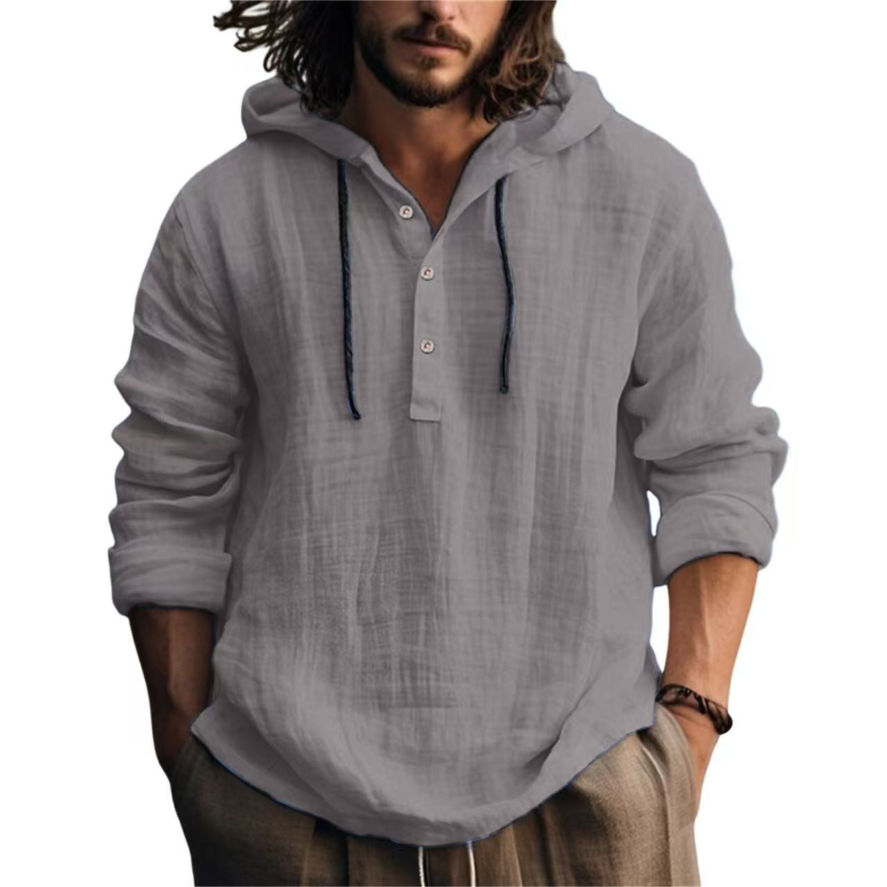 Mens Cotton Linen Hoodie Shirt Casual Long Sleeve Beach Pullover Summer Top