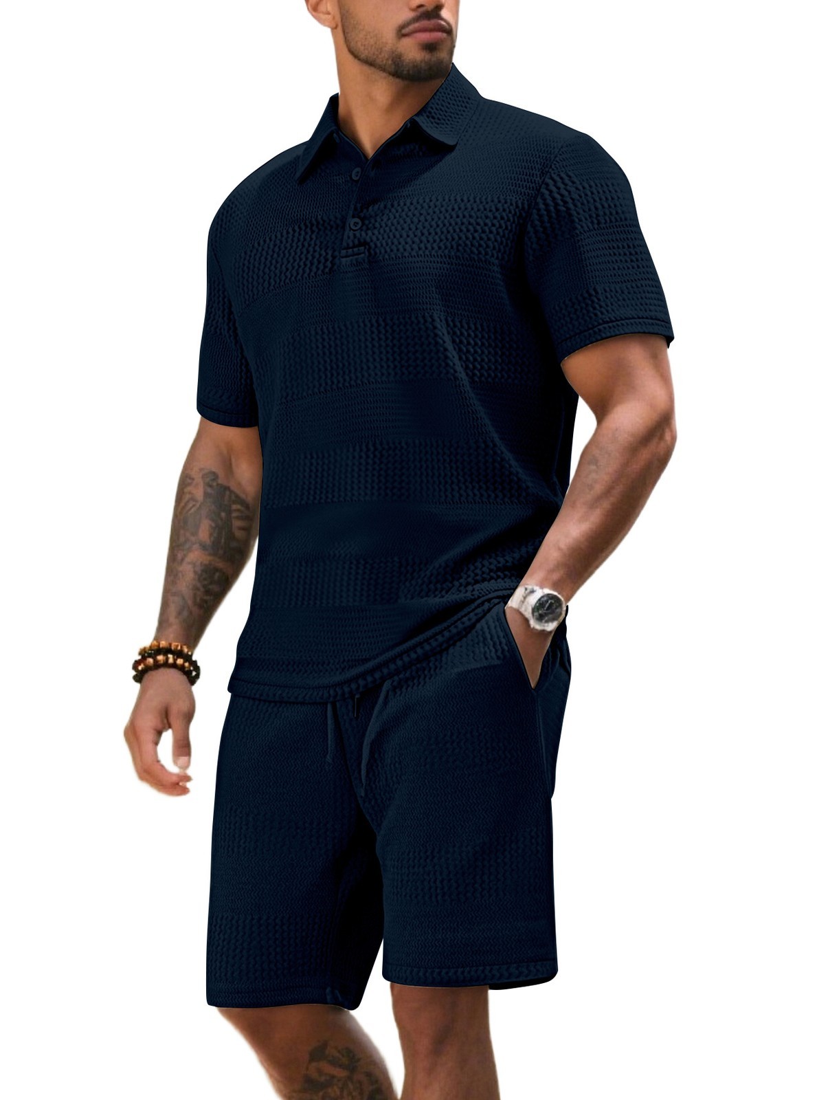 Men Waffle Knit Shorts Set Casual Summer 2 Piece Tracksuit Matching