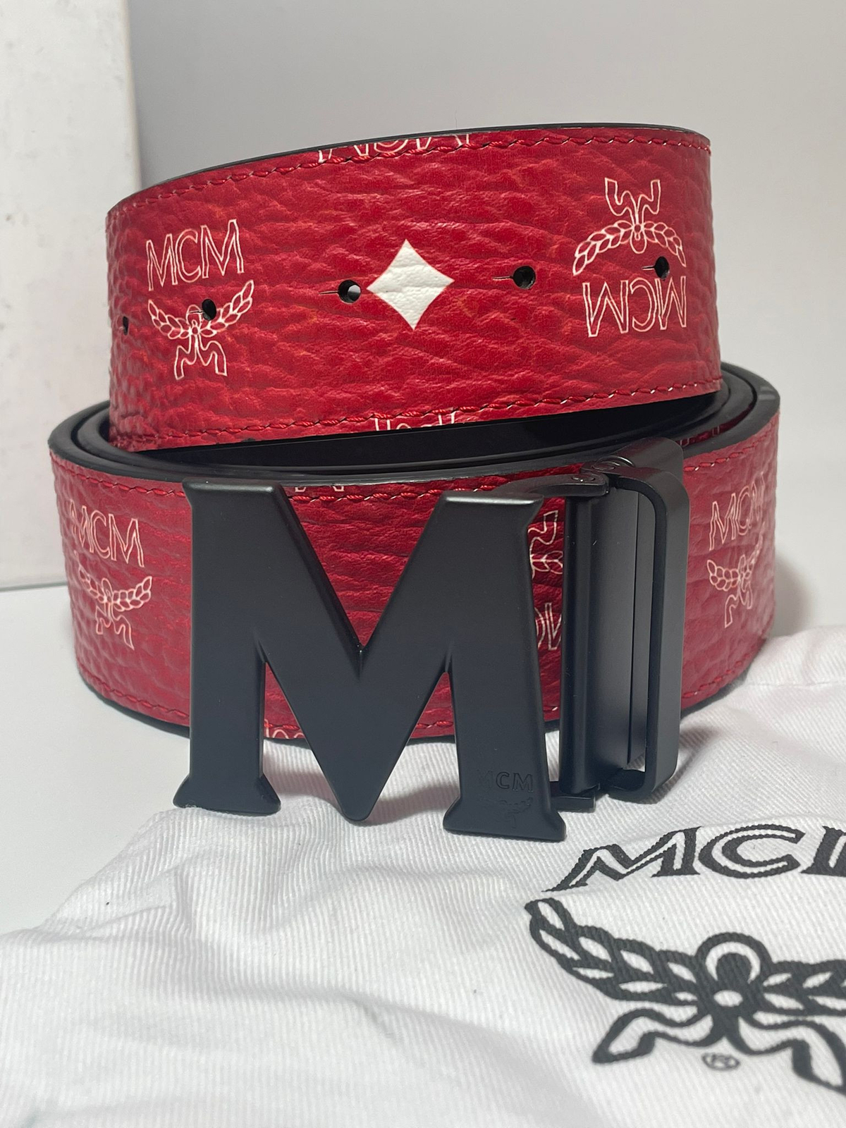 Authentic MCM Red Reversible Leather Belt with shopping bag