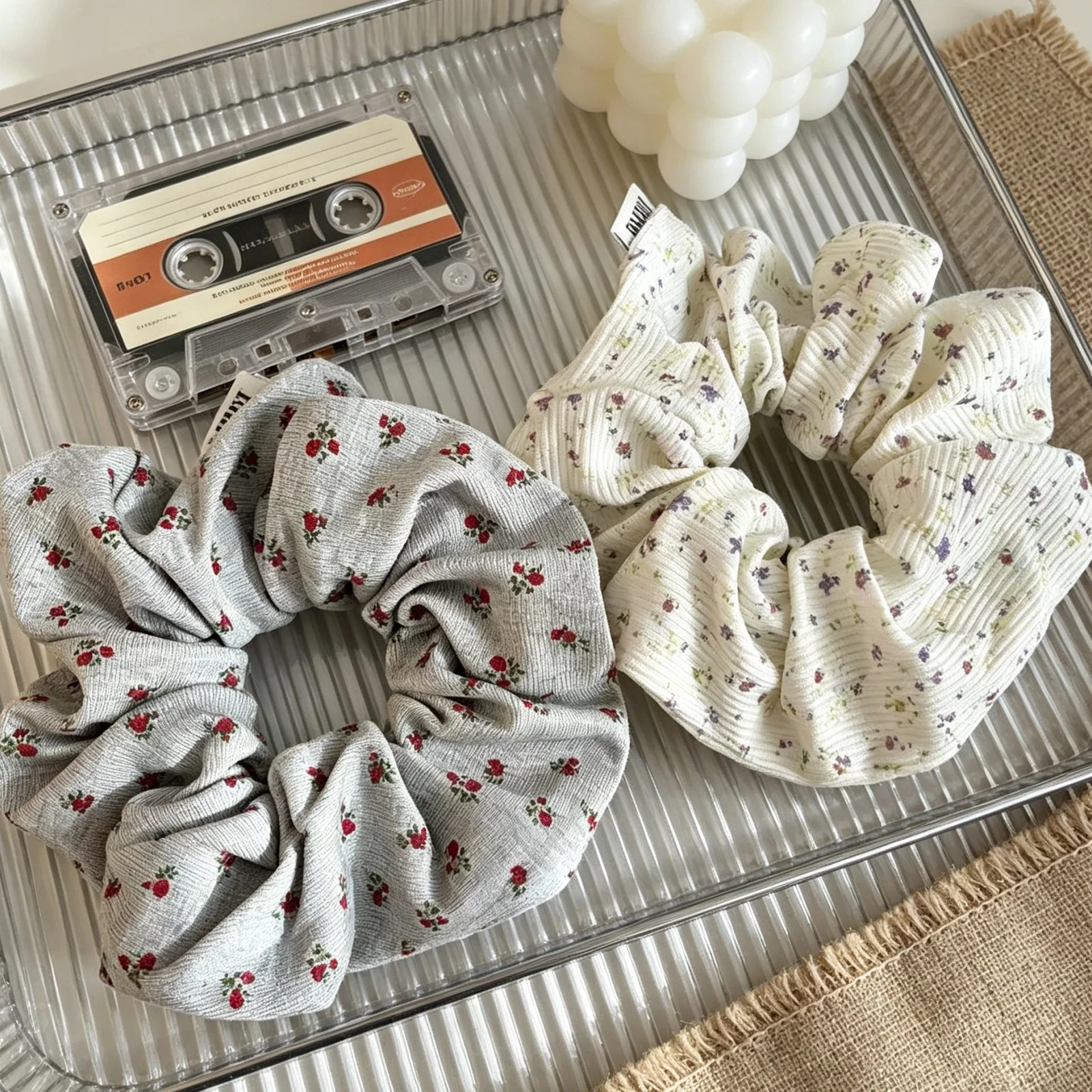 1PC New Style Floral Scrunchies For Women Elegant Ribbed Hair Ties Fashion Hair