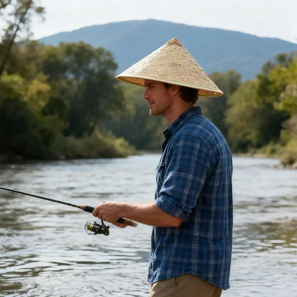 Bamboo Hat with Adjustable Drawstring Breathable Mesh Inner Chinese Straw Sun Ha