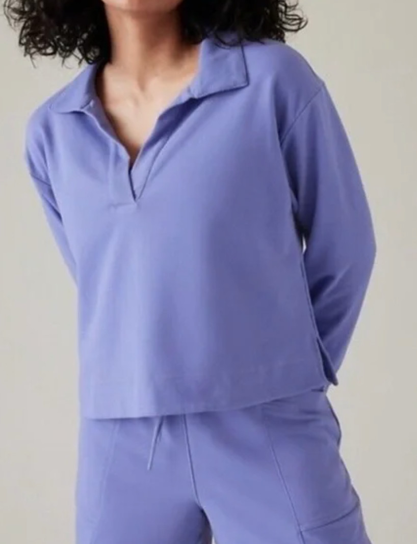 Athleta women’s collared retroterry sweatshirt light purple long sleeve size S