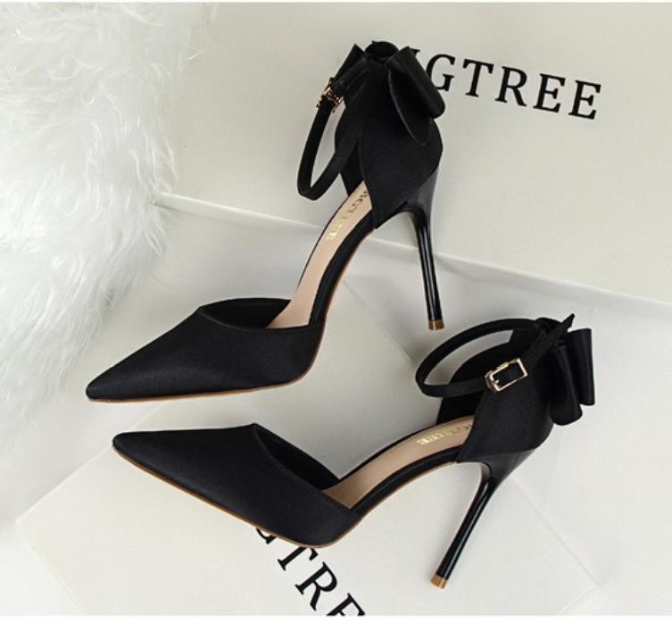 Chic Womens Faux Satin Sandals Bowknot High Heels Pointed Toe Casual Dress Shoes