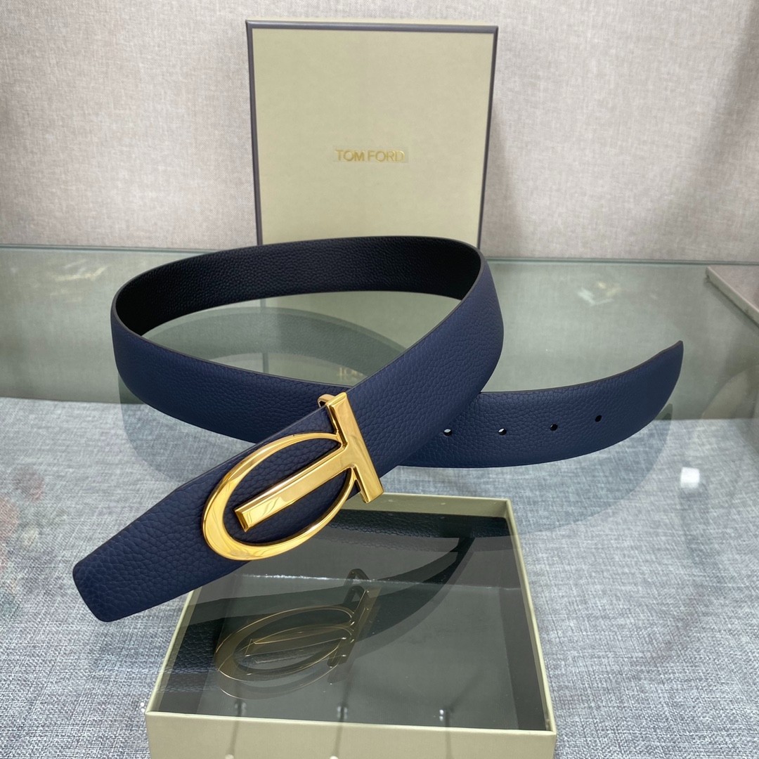 Tom Ford Men’s Reversible Leather Oval-T-Buckle Belt Blue/Black