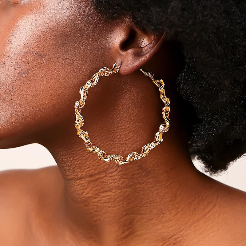 Twisted Rope Hoop Earrings for Women Chunky Big Large 7.1*7.1cm, gold-tone